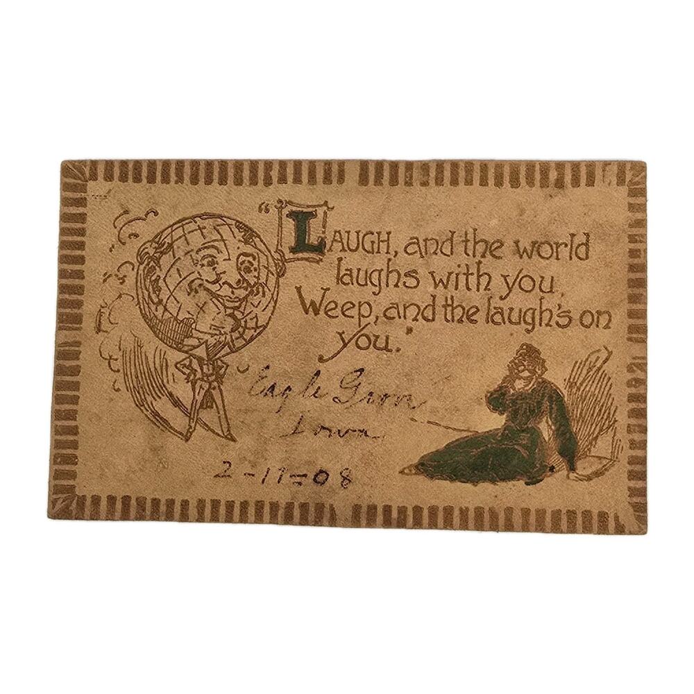 1908 Leather Postcard Chicago “Laugh & World Laughs With You” Hand-Tooled Mailed